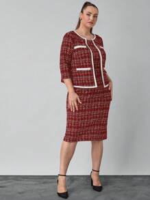 SHEIN Clasi Plus Size Elegant Black Faux Tweed Colorblock 2pcs Set, Autumn/Winter - Burgundy - View 4