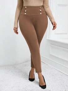 EMERY ROSE Pantalones elásticos entallados de doble botonadura de talla grande, Leggings suaves - Marrón - Ver 4