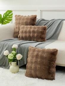 1个咖啡棕色仿兔毛装饰枕套（不含枕芯），现代法兰绒绒面枕套，带拉链封口，适用于家居、沙发、客厅 - 棕色 - 查看 4