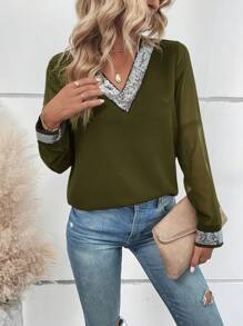 SHEIN Clasi Blusa elegante de manga larga con cuello en V, parches de lentejuelas y malla para mujer
