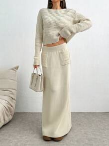 SHEIN Tall 2pcs Vintage Versatile Crew Neck Long Sleeve Knit Sweater + Elastic Waist Mid-Length Skirt Set