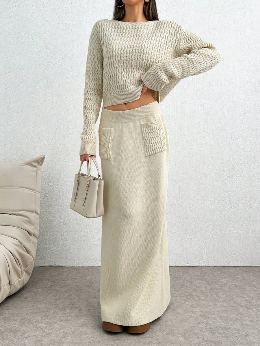 SHEIN Tall 2pcs Vintage Versatile Crew Neck Long Sleeve Knit Sweater + Elastic Waist Mid-Length Skirt Set