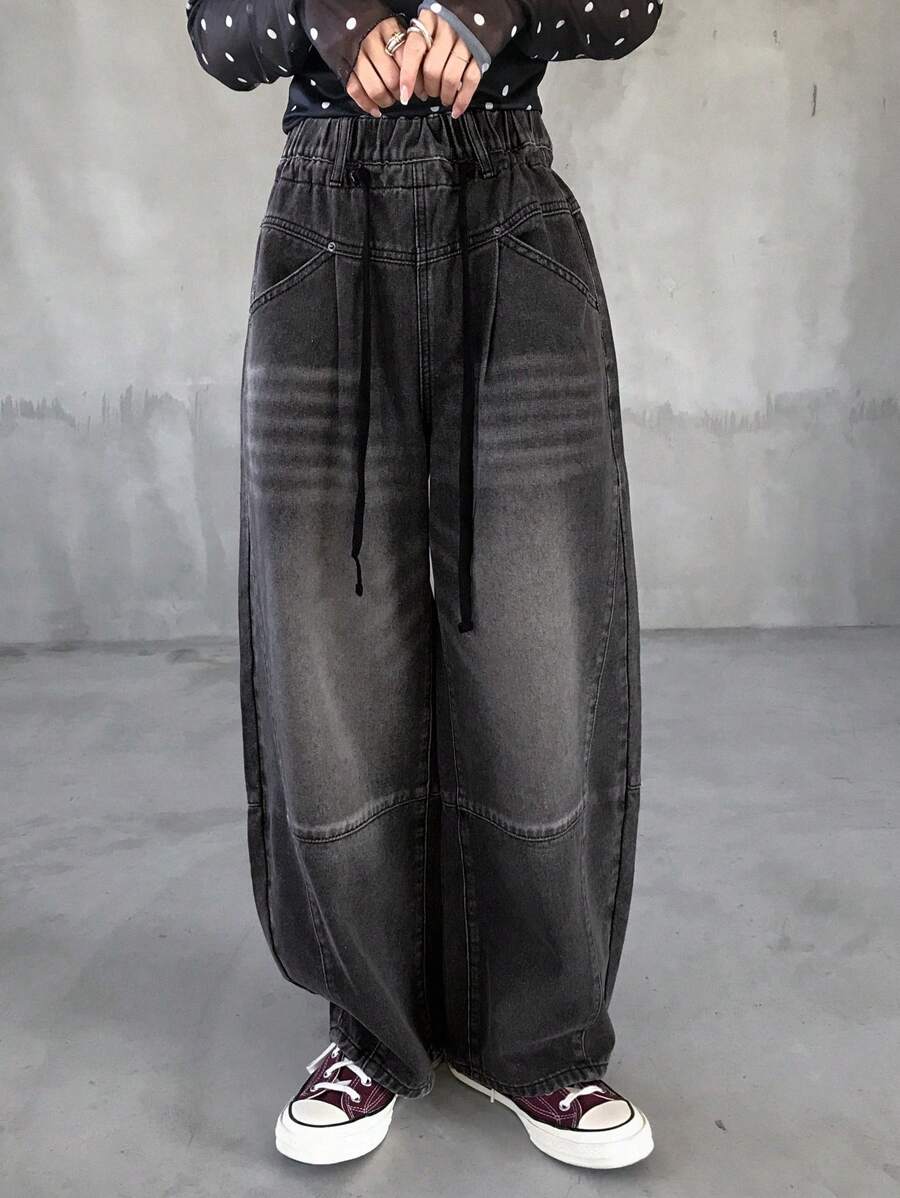 FRIFUL Women Casual Distressed Wide-Leg Drawstring Waist Denim Jeans,Baggy Jeans - Black - View 1