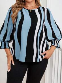 SHEIN Clasi Plus Size Women's Elegant Geometric Line Print 3/4 Sleeve Loose Round Neck Blouse - Baby Blue - View 6