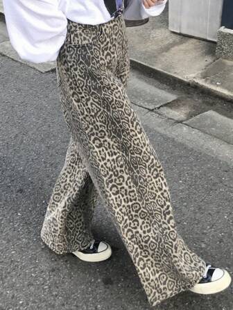 FRIFUL Women's Fashionable Leopard Print Wide Leg Jeans