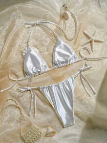 2 件套夏季海滩女士白色吊带花卉 3D 三角性感比基尼套装