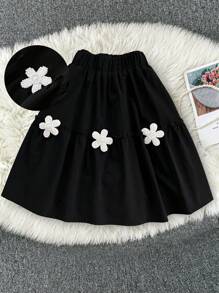 SHEIN LUNE Women Plus Size Faux Pearl Floral Decor Skirt - Black - View 1