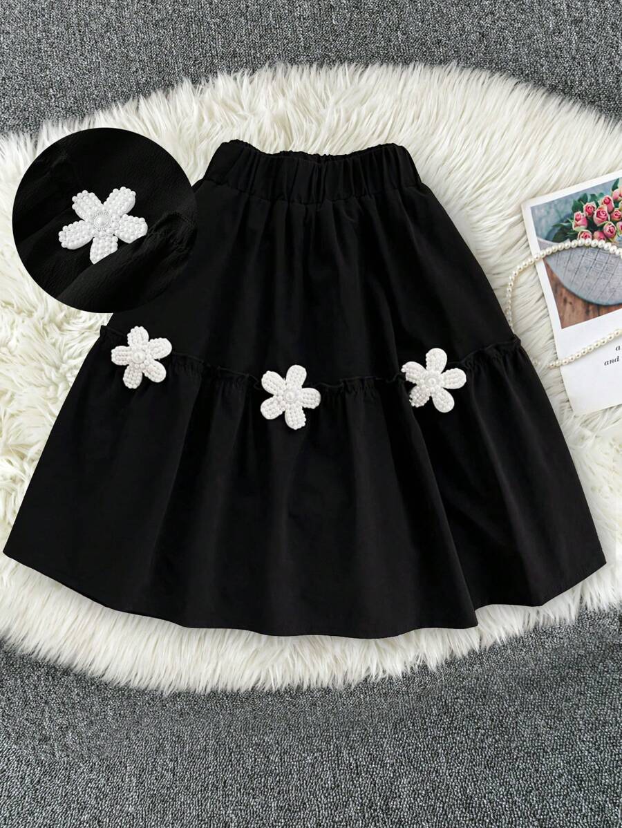 SHEIN LUNE Women Plus Size Faux Pearl Floral Decor Skirt - Black - View 1
