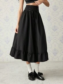 SHEIN MOD Falda negra con detalle de cintura anudada y bajo con volantes, vestimenta occidental para mujeres, faldas negras para mujeres, faldas largas negras vintage - Negro - Ver 6