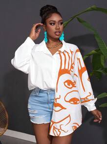 Slaydiva Women Plus Size Holiday Casual Graphic Line Pattern Face Print Patchwork Blouse Top - Orange - View 4