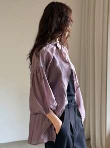 DAZY New Summer Women's Vacation Sheer Mesh Puff Sleeve Asymmetric Collar Loose Casual Shirt, Valentine's Day Long Sleeve Top