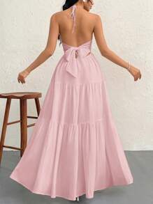 Firerie Váy hở lưng bằng vải chiffon có dây buộc phía sau dành cho nữ khi đi nghỉ dưỡng, đám cưới, sự kiện - Màu Hồng baby - Xem 2