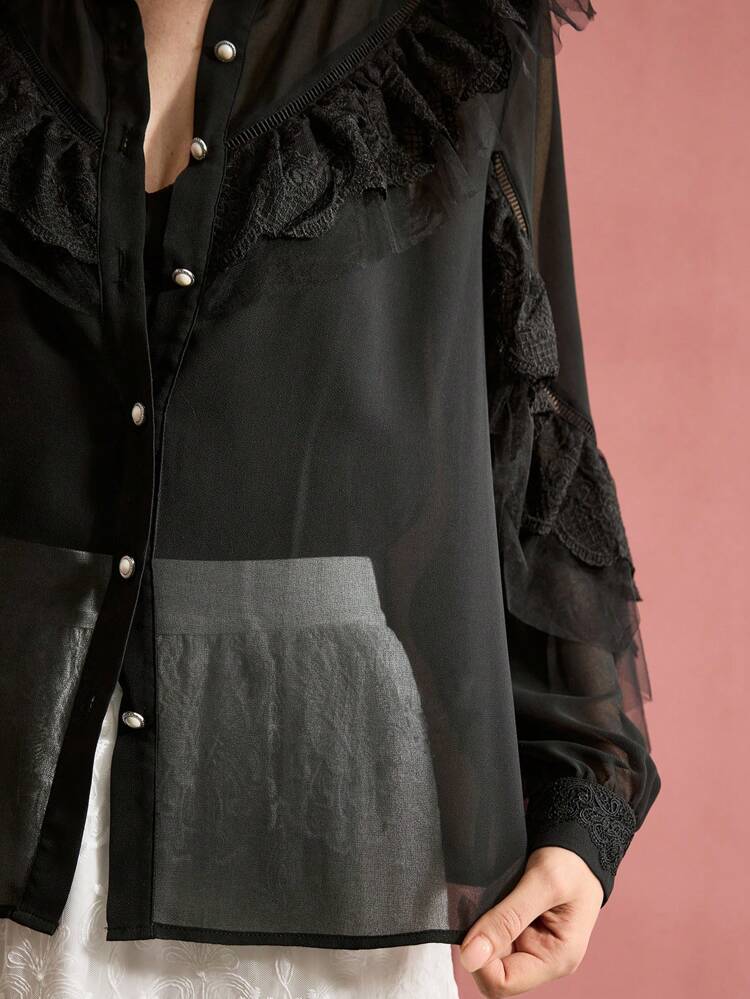 CONTRAST LACE RUFFLE TRIM BLOUSE