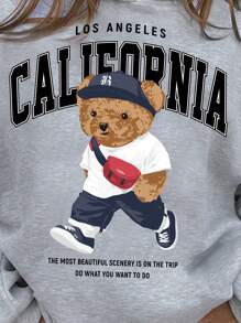 SHEIN Leap Crew Vintage American Street Style Bear California Graphic Thermal Lined Sweatshirt, Casual & Simple For Tween Girls - Grey - View 3