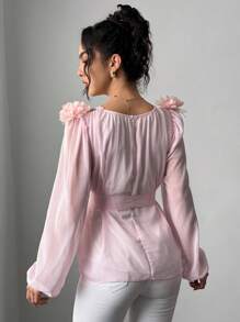 Elenzga Blusa romántica de gasa con cintura ceñida, mangas largas, cuello bordado con flores 3D y volantes, color rosa - Rosa - Ver 2