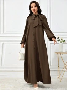 Al Najma 女士优雅纯色灯笼袖系带领阿拉伯连衣裙，适合秋季，朴素优雅的 A 字型阿拉伯连衣裙，适合休闲日常