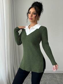 Elenzga Color Block 2 In 1 Long Sleeve Sweater For Women Knit Pullover Fall Winter Sweater - Army Green - View 3