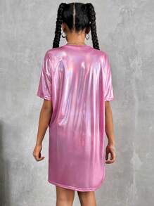 Teenage Girls Plain Round Neck Short Sleeve Simple Casual Dress - Hot Pink - View 2