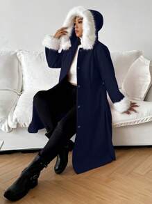 Flirla Plus Size Women Red Splicing White Fur Trim Warm Elegant Christmas Jacket - Navy Blue - View 3