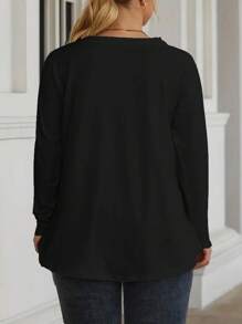 INAWLY Plus Size Women's Solid Color Plus Size Round Neck Long Sleeve Casual T-Shirt, Autumn - Black - View 2