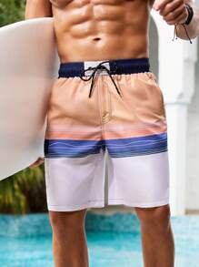Manfinity Swimmode Men's Striped Print Drawstring Waist Casual Beach Shorts - Multicolor - View 1