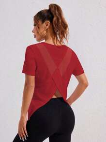 Gameset SHEIN Sport Mesh Insert Raglan Sleeve Sports Tee Workout Tank Top Gym Women Shirts - Red - View 3