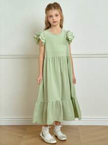 Wildeya Elegantes, minimalistisches Kleid für Tween Mädchen mit Jacquard-Textur und Volantärmeln, geeignet für Sommer und Frühling, für Ausflüge, Dates und Ferien