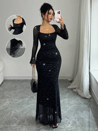 Rafferiza Elegant fest Asymmetrisk hals veckad fram- och sida Bodycon sjöjungfrufåll Långärmad flare manschettklänning för kvinnor i svart, höst/vinter, jacquardstickat meshtyg med silverfolie Maxi damoutfit