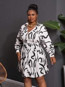 Slaydiva 女士优雅商务休闲印花收腰长袖衬衫裙，适合办公室穿着，秋季 - 杏色 - 查看 5