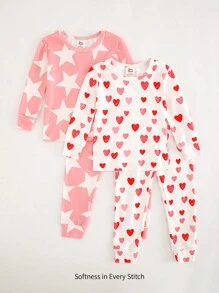 Cozy Pixies 少女四件套舒适睡衣套装，心形图案针织柔软圆领长袖上衣和松紧腰长裤