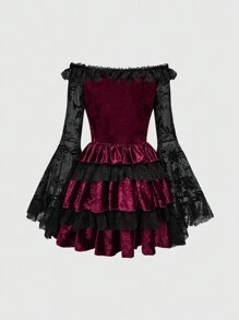 ROMWE Grunge Punk Váy ngắn trễ vai ren nhung viền bèo nhún màu tối cổ điển Y2K dành cho nữ, cho năm mới - Màu Đỏ Sâu - Xem 2