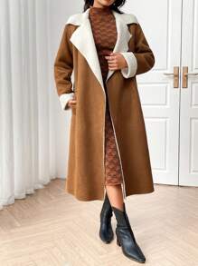 Mulvari Women Colour Block Thermal Lined Stand Collar Long Sleeve Long Casual Jacket, Autumn/Winter - Brown - View 6