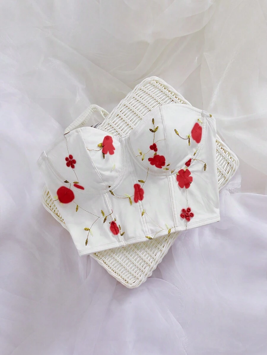 SHEIN Privé Women's Elegant Romantic Floral Embroidery Mesh Tight Fit Bustier Top