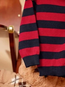 PrepCrw Young Girl Striped Single Breasted Long Sleeve Casual Cardigan, Autumn/Winter - Red - View 3