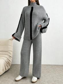 SHEIN Tall 2pcs/Set Winter Casual Colorblock Patchwork Turtleneck Sweater And Pants Suit - Grey - View 3
