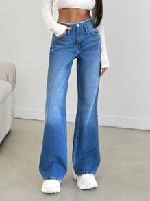 EURMUSE Women's Front Button Pocket Simple Denim Casual Pants, Everyday Casual Wear - Medium Wash - View 1