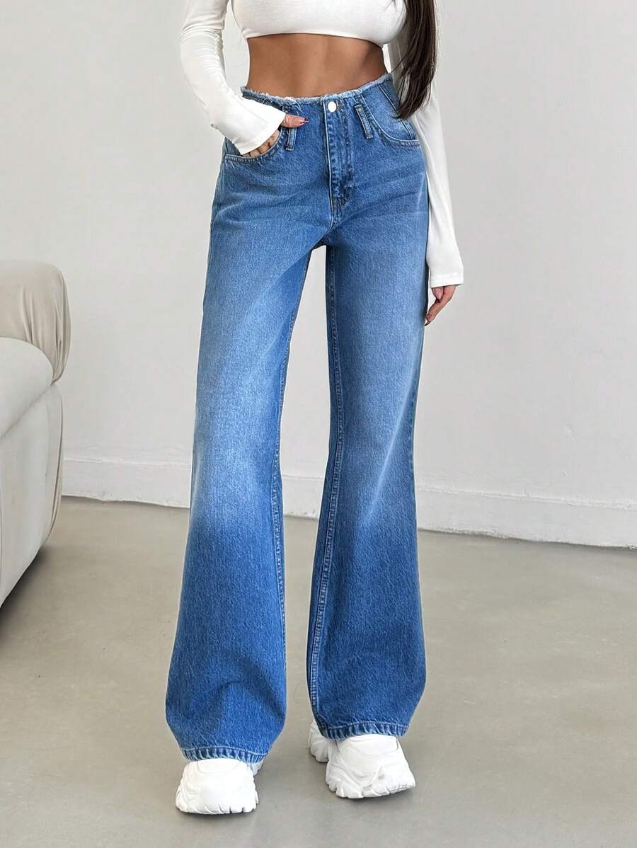 EURMUSE Women's Front Button Pocket Simple Denim Casual Pants, Everyday Casual Wear - Medium Wash - View 1