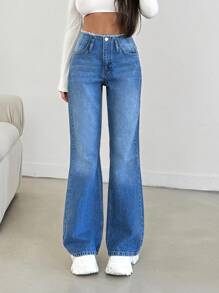 EURMUSE Women's Front Button Pocket Simple Denim Casual Pants, Everyday Casual Wear - Medium Wash - View 4