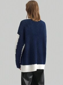 Ontre Trang phục thời trang xuân mới 2025 dành cho nữ, Áo len cardigan dài tay bất đối xứng 7% dệt kim pha trộn hai màu chắp vá bất đối xứng màu be & xanh nước biển, cổ chữ V, áo khoác dệt kim thoải mái thường ngày - Màu xanh hải quân - Xem 5