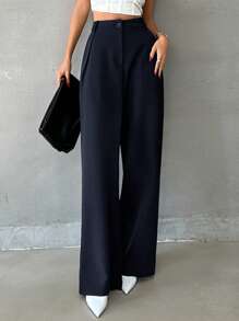 EURMUSE Women Solid Color High Waist Straight Pants - Navy Blue - View 6