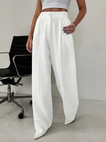 SHEIN Tall Women's Solid Seam Slant Pocket Casual Wide Leg Pants - White - View 5