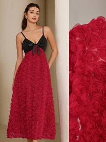 Aveloria Rosie French Elegant Romantic Floral Decor Sleeveless Contrast Color Paneled Maxi Layered Hem Dress For Women, Suitable For Spring/Summer, Valentine's Day - Red - View 7