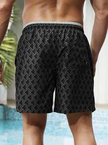 Surfspeed Herr geometriskt tryck dragsko i midjan 2 i 1 strandshorts - Svart - Visa 2