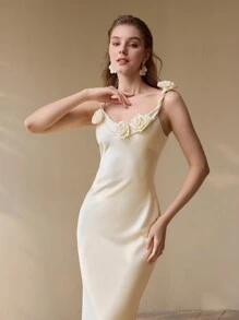 PREMIUM Vestido de cóctel con decoración de flores 3D - Albaricoque - Ver 6