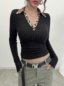 INAWLY Y2K Chic V-Neck Leopard Print Spliced Oversized Ribbed Knit Long Sleeve T-Shirt Fall Cloth For Women - Black - View 3