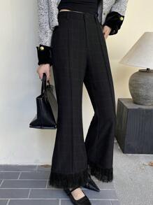 DAZY Women's Casual Plaid Fringe Hem Fitted Flare Pants Women Dress Pants