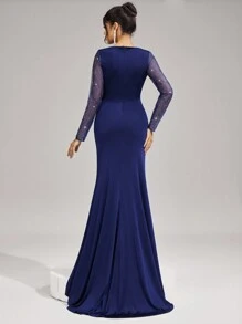 SHEIN Belle 女士优雅纯色长袖礼服，简约别致休闲日常礼服，情人节鸡尾酒礼服，晚会正式派对礼服，秋冬季撞色网眼长袖伴娘礼服，婚礼宾客礼服