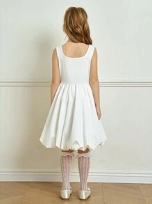 SHEIN Tween Girls Elegant Minimalist Knitted Ruffle White Dress, Suitable For Summer And Spring Wear, Great For Dates, And Vacations - White - View 7