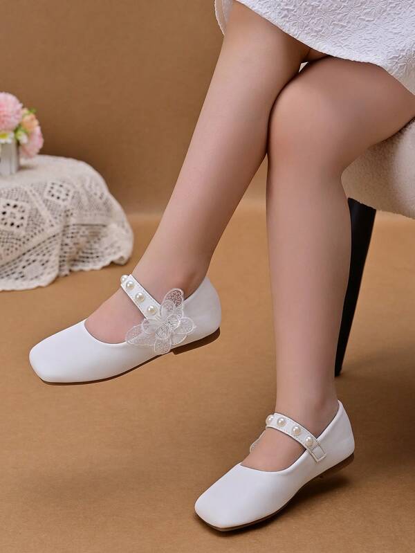 1 Pair Girls Pearl & Lace Bow PU Flats, Sweet Fashion Suitable For Wedding, Stage