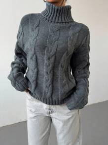 Aloruh 女士休闲优雅日常百搭灰色高领长袖粗针织毛衣，秋冬新品 - 灰色 - 查看 6